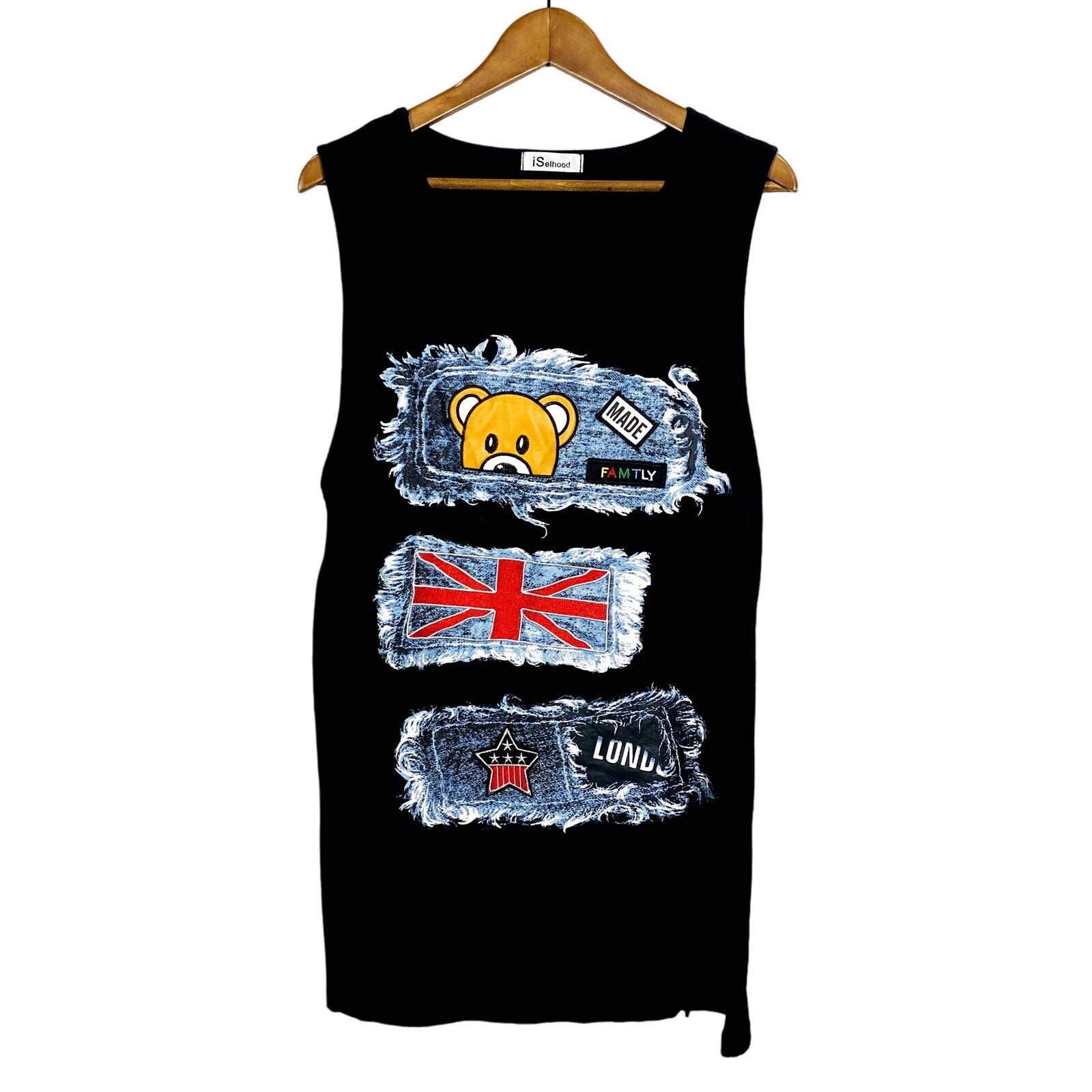 Iselhood Graphic Tank Sleeveless Tee Black Casual Punk Patch Union Jack Bear - M